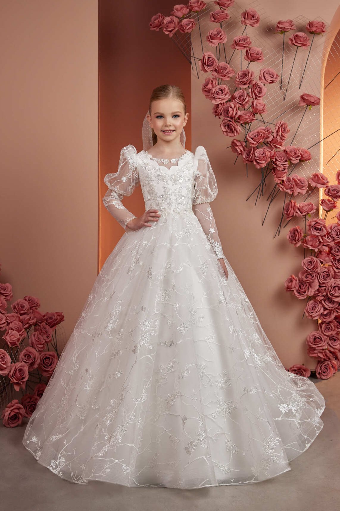 Flower Girl Dresses: Sofia Long Lace dress with Juliet Puffed Sleeves - Mia Bambina Boutique