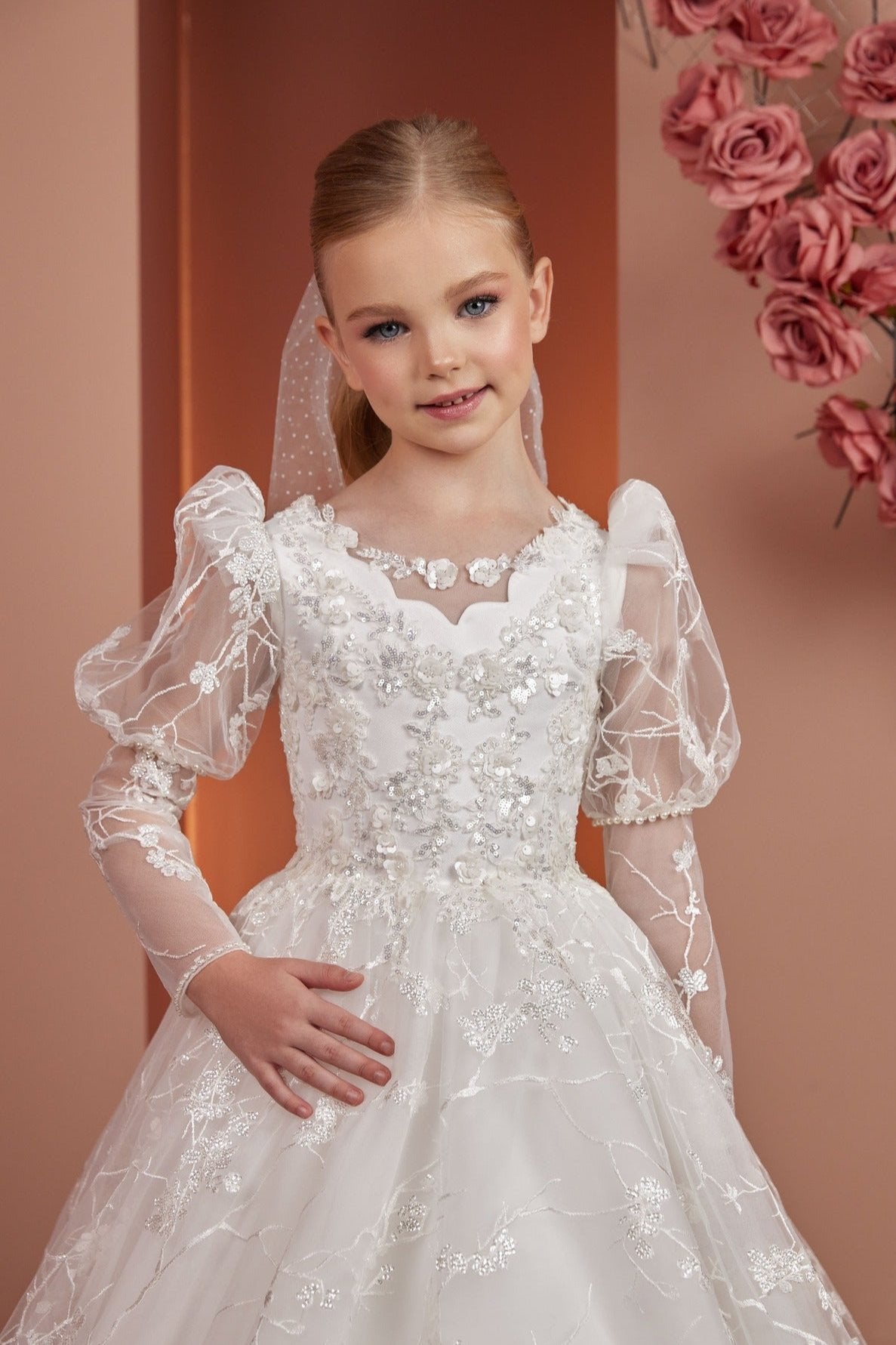 Flower Girl Dresses: Sofia Long Lace dress with Juliet Puffed Sleeves - Mia Bambina Boutique