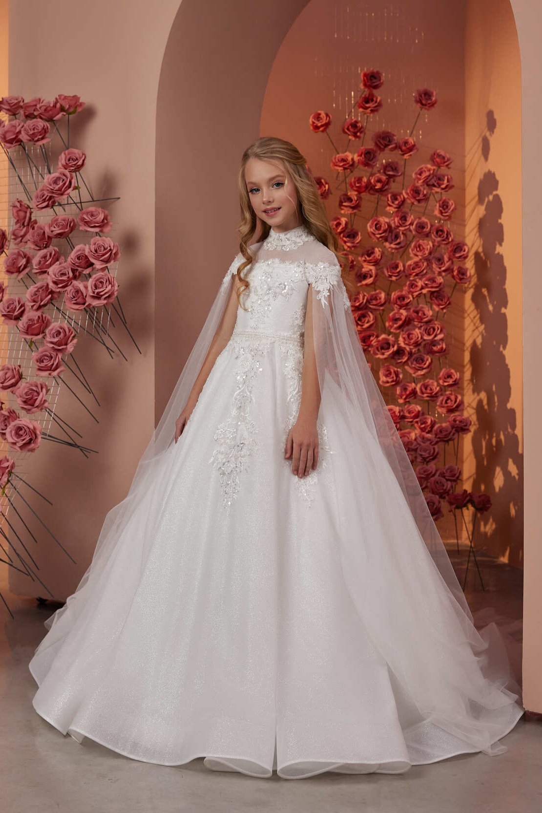First Communion Dress: Cassiopeia Dress with attached Cape - Mia Bambina Boutique