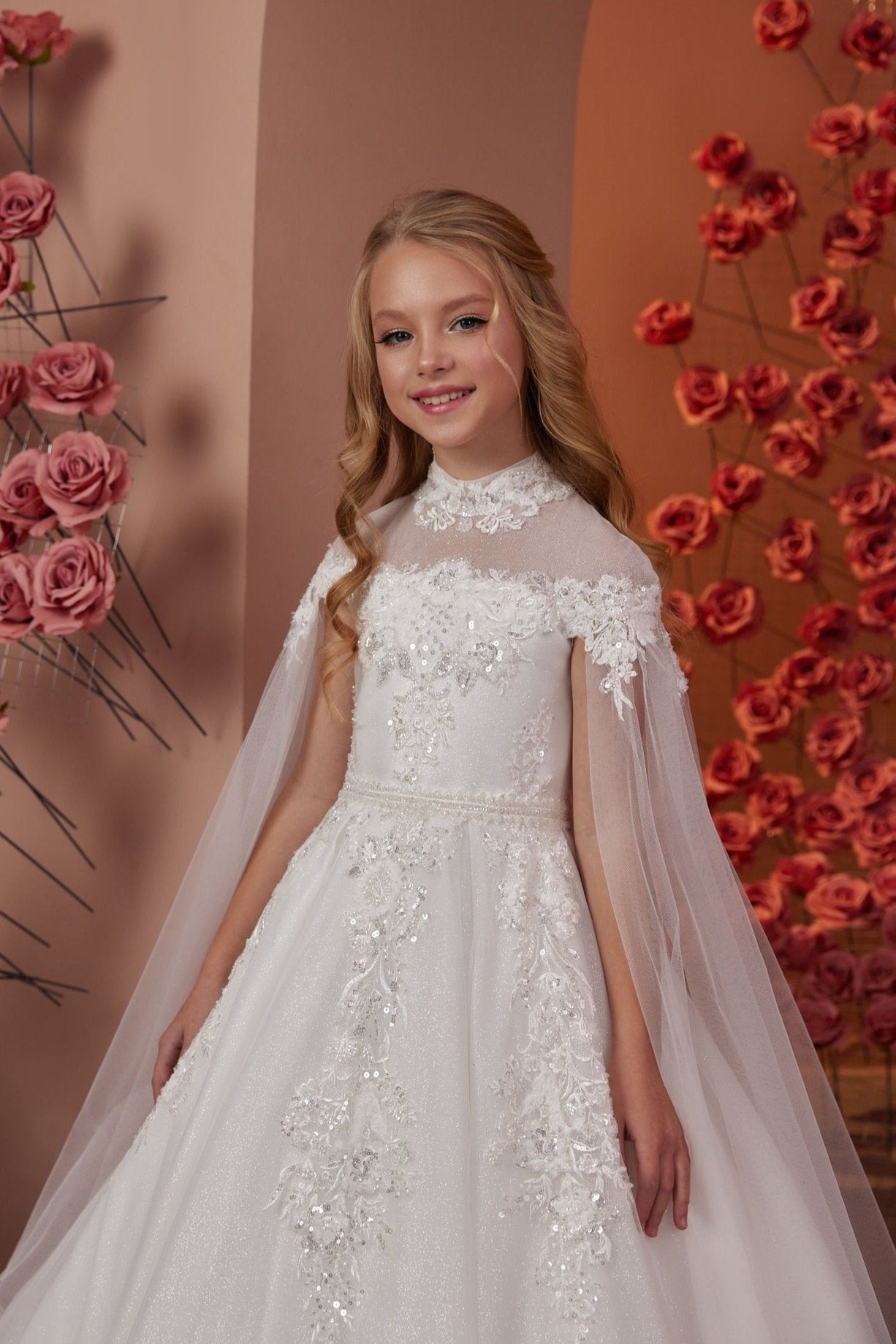 First Communion Dress: Cassiopeia Dress with attached Cape - Mia Bambina Boutique