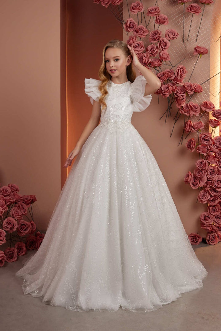 Flower Girl Dresses: Girls Long Glitter Tulle dress with Flare Sleeves - Mia Bambina Boutique