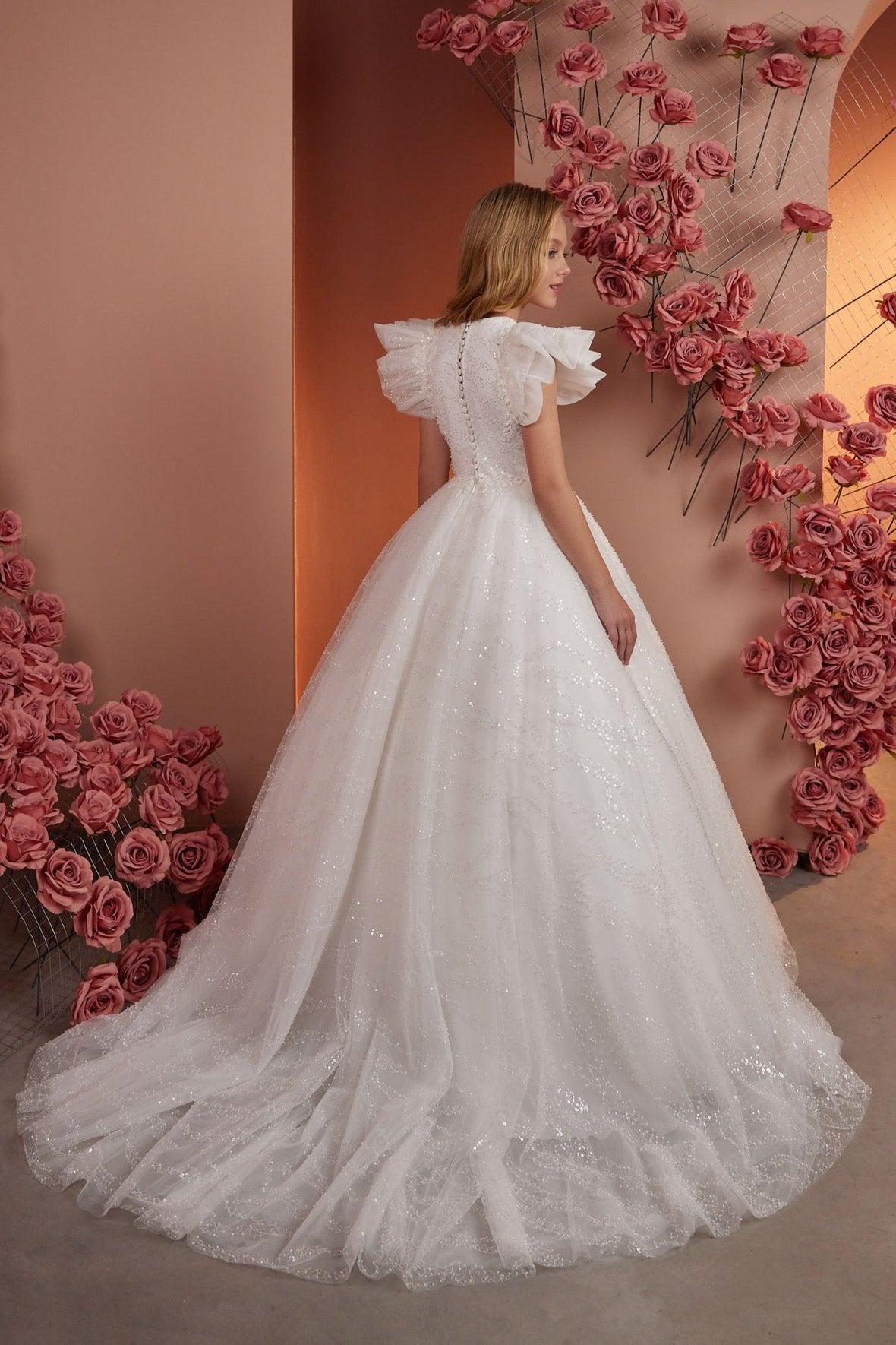 Flower Girl Dresses: Girls Long Glitter Tulle dress with Flare Sleeves - Mia Bambina Boutique