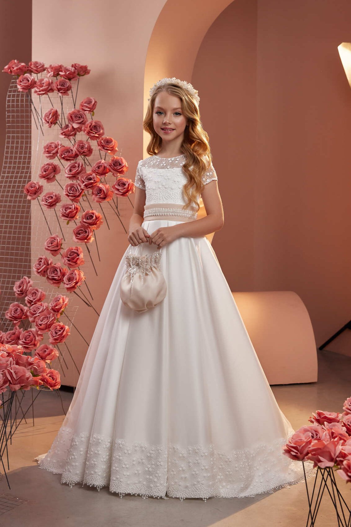 First Communion Dress: Marla Classic Communion Dress with a Sash - Mia Bambina Boutique