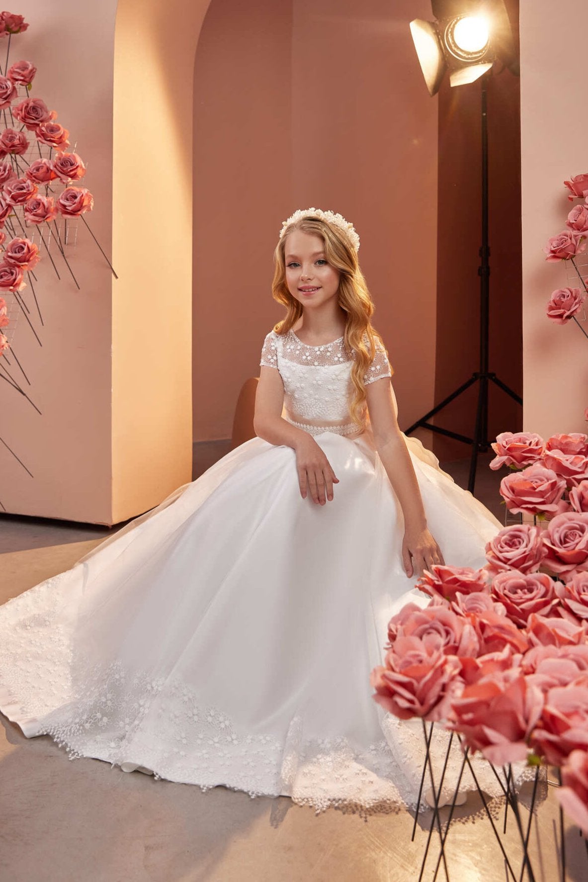 First Communion Dress: Marla Classic Communion Dress with a Sash - Mia Bambina Boutique