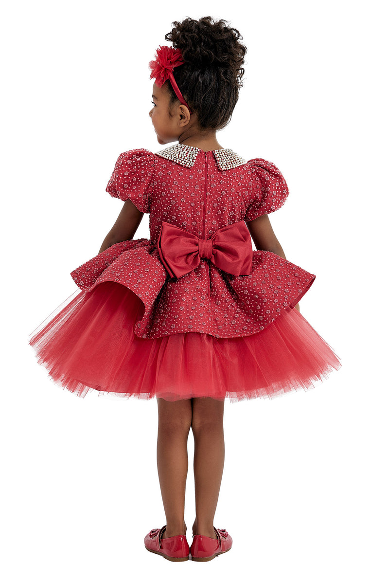 Red Princess Dress with Pearl-Embellished Collar in Sizes 2T-6