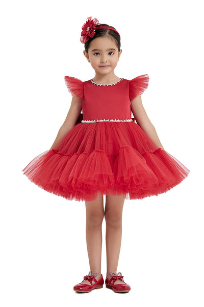 Toddler Red Ruffled Tulle Dress for Christmas, 6-12-18 months