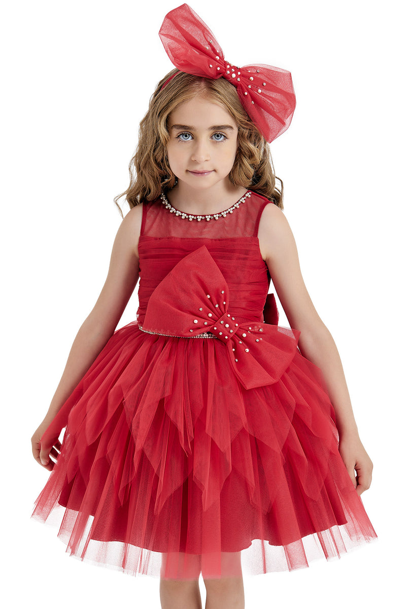 Girls Red Tulle Party Dress with a Bow in Sizes 4T-8