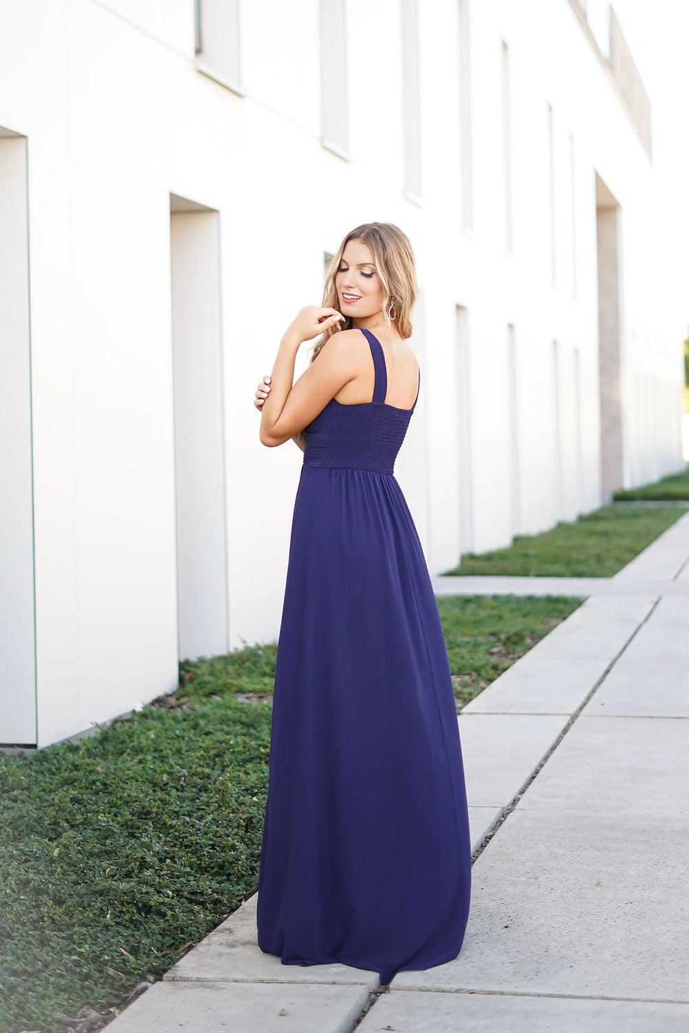 Carine V-neck Bridesmaids Long Gown featuring an elastic back for a comfortable fit Mia Bambina Boutique