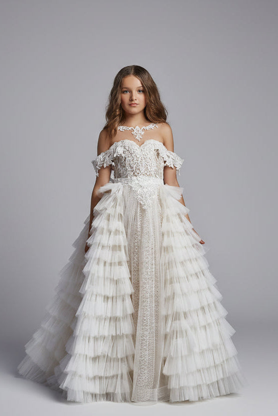 Convertible flower girl dress cappuccino with lace bodice and detachable layered tulle overskirt front view
