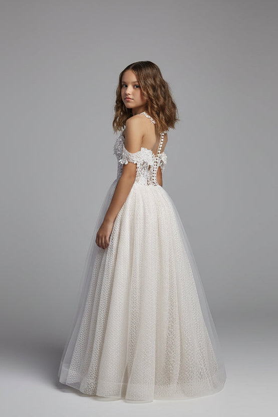 Convertible flower girl dress without overskirt showing lace and soft tulle skirt