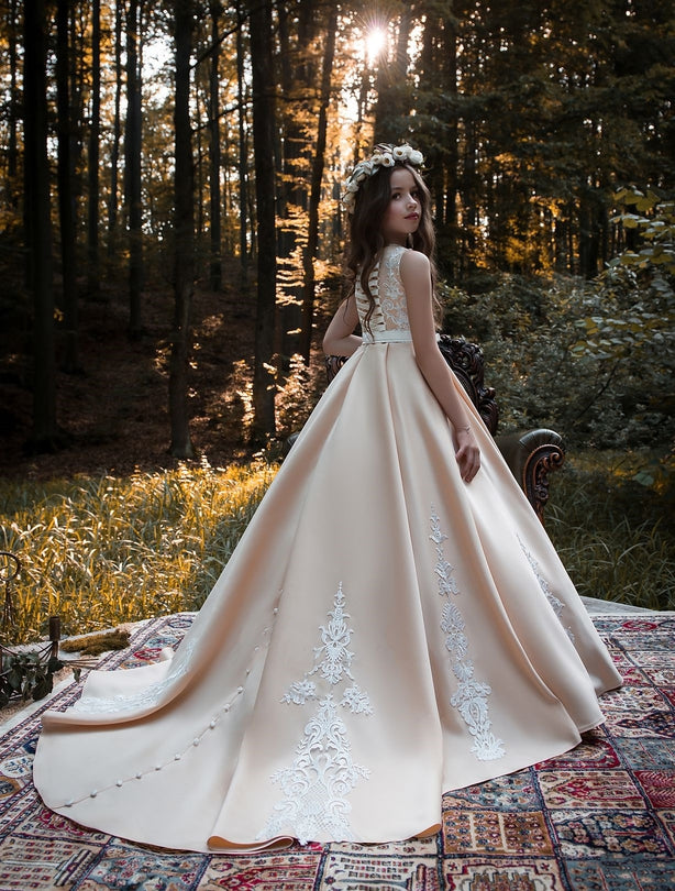 Fresno vintage-inspired Satin and Lace Gown by Mia Bambina Boutique