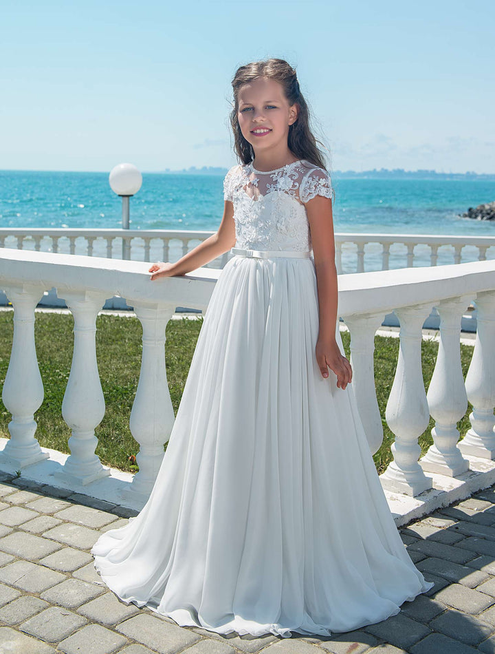 Girls First Communion Dress with Short Lace Sleeves Girls First Communion Dress with Short Lace Sleeves