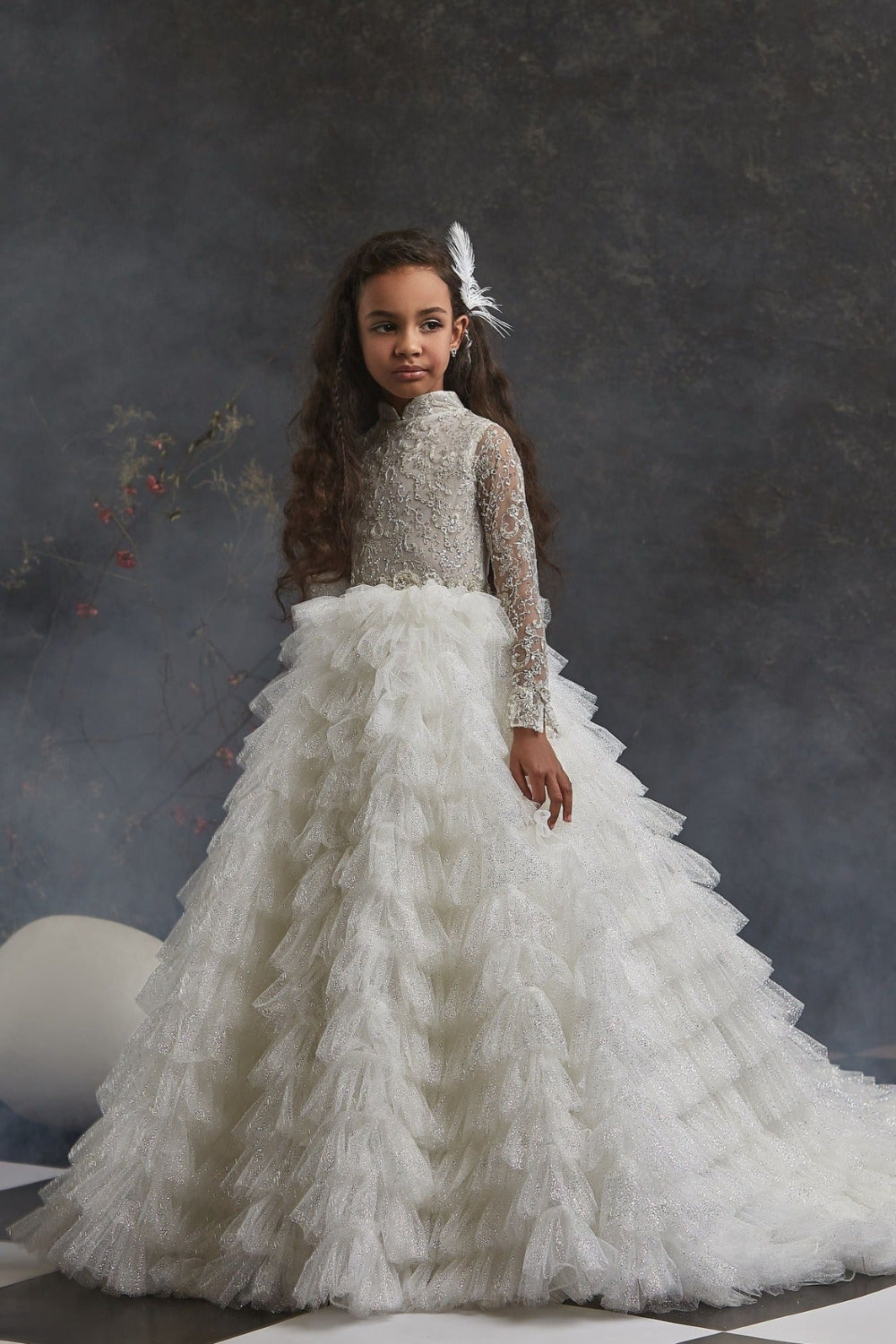 shop girls dress long sleeve Glitter Flower Girl with Ruffled skirt Size:US 8 / EU 38.5 Machine wash in cold Skin Color Neckline Satin product-group-sp2641603