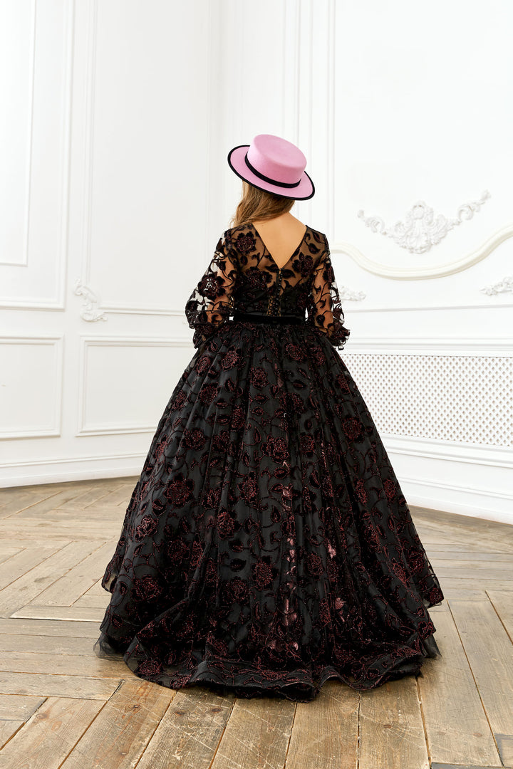 strapless open back dress Amazing Flocked Rose Print Princess Dress for Little Girls