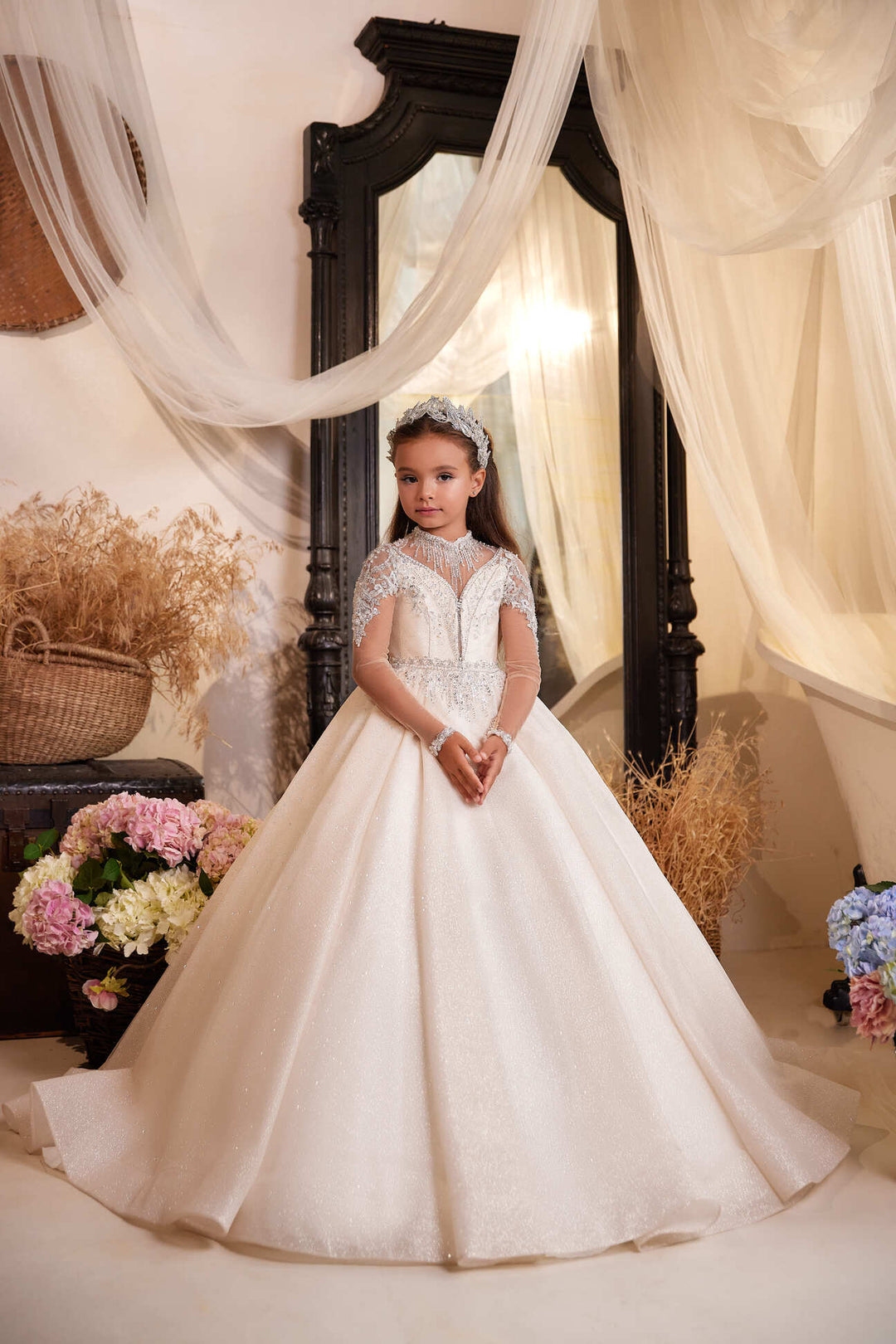 beaded flower girl dress Short Ruffle Sleeves Beaded Flower Girl Dress