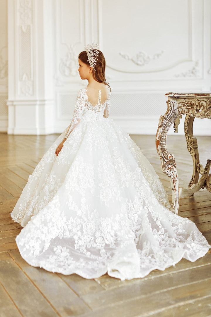 white lace first communion dresses White Lace First Communion Dress: Long Puffy Sleeve Tulle Gown