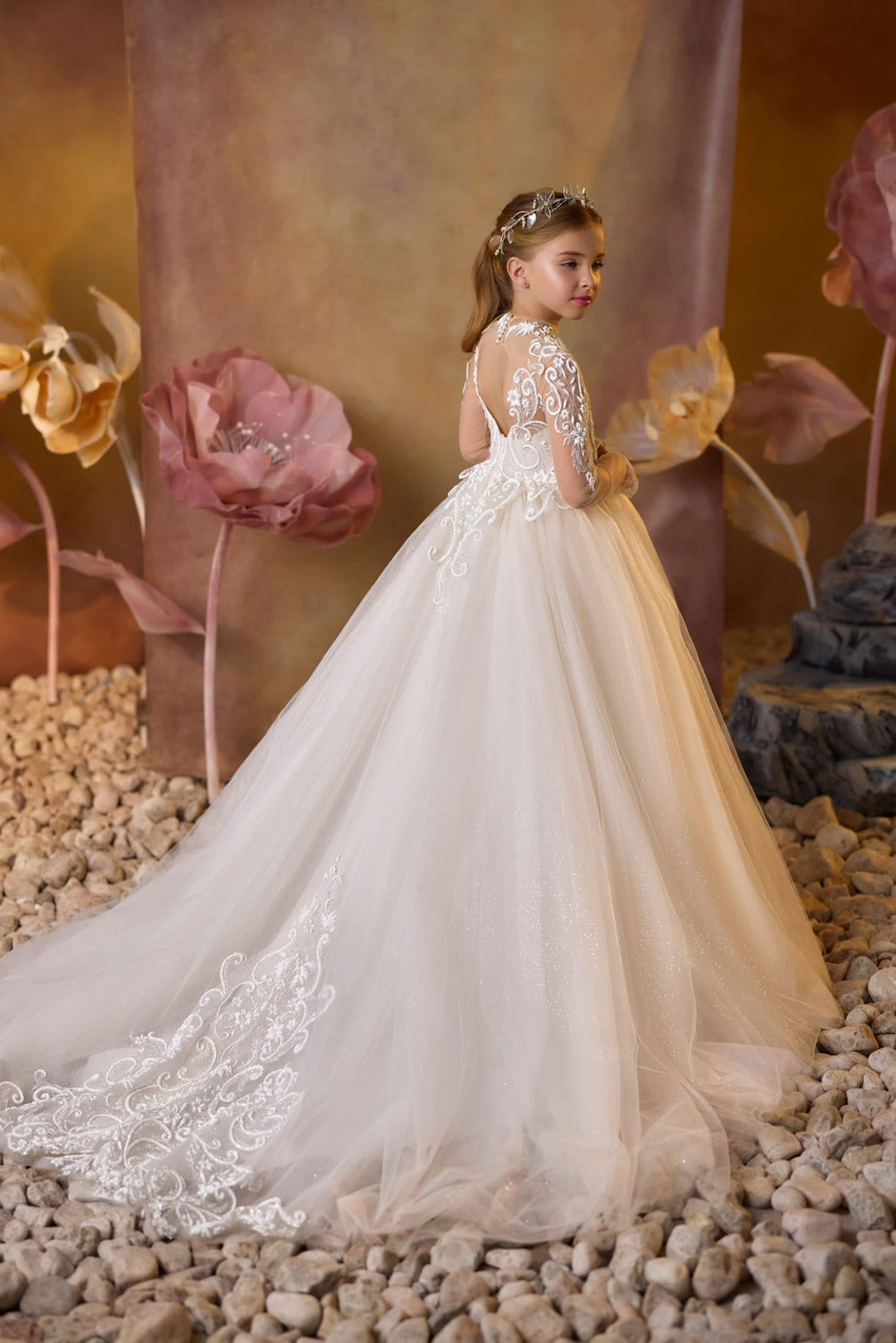 classic first holy communion dresses Puffed Sleeves Lace and Satin First Communion Dress Celestial 3302 Pre-order 2-3 years / As in the photo (Ivory)