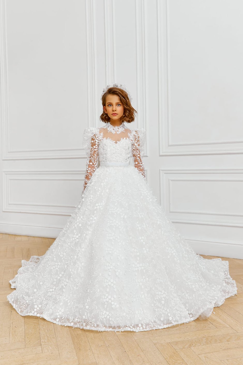 embroidered first communion dresses Illusion V-Neckline Floral Girl First Communion Gown Celestial 3428 2-3 years / White
