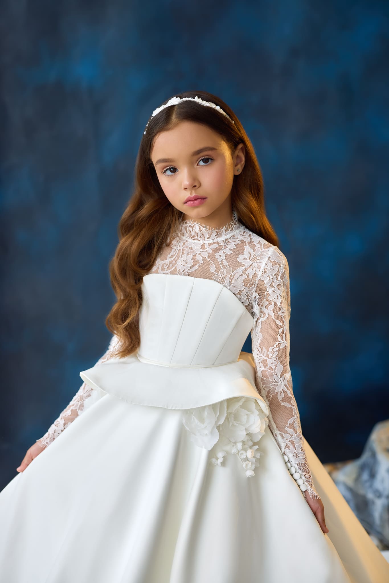 Heavenly Lace Communion Dress with satin corset detail