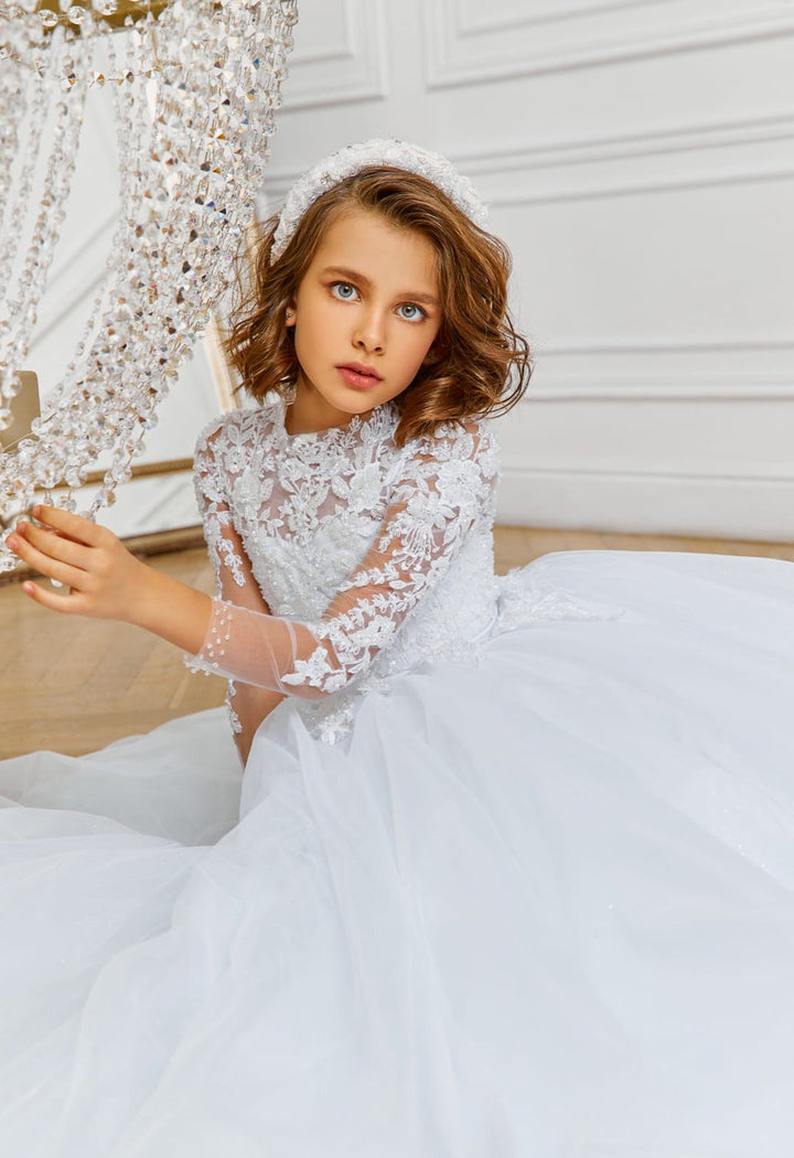 open lace back dress Sunnypetal Flower Girl Princess Dress High Neck Catholic First Communi –  sunnypetal