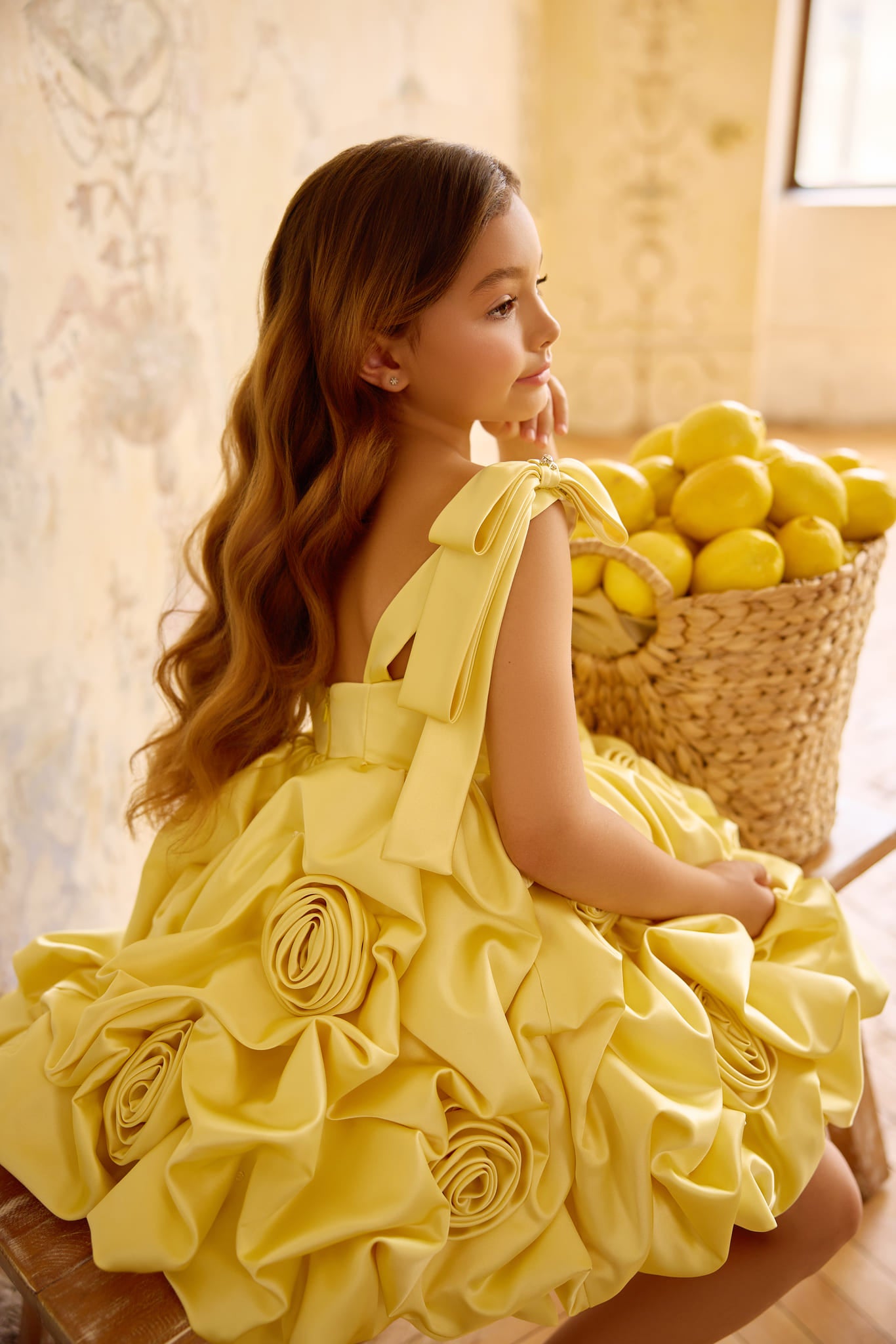 Yellow couture girls dress with sculpted satin roses and elegant bow shoulder straps - Mia Bambina Boutique