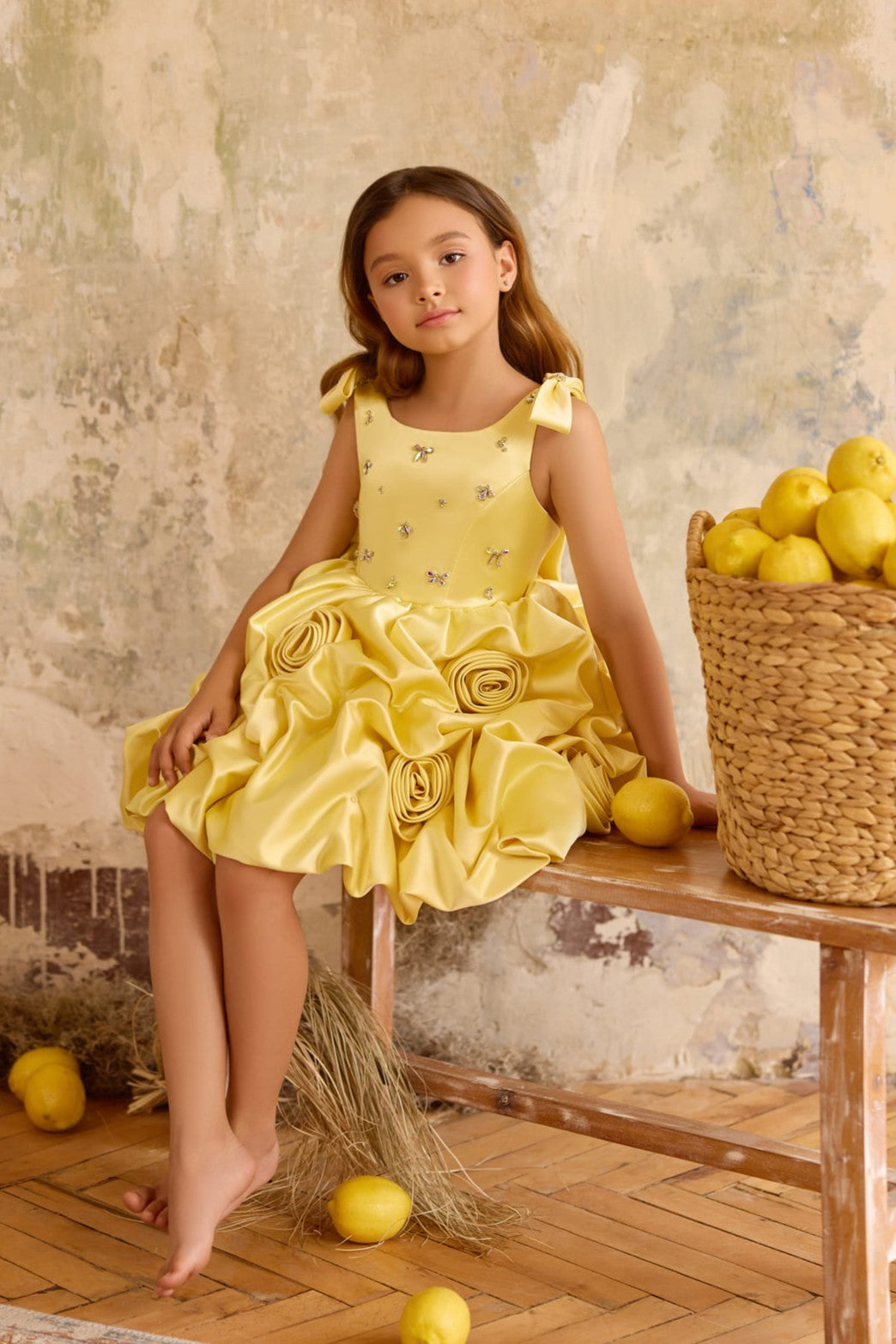 Designer yellow flower girl dress with handcrafted rosette bubble skirt - Mia Bambina Boutique