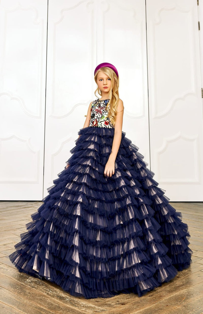 Ruffled Quinceanera Girls Dress in Navy Blue Ruffled Quinceanera Girls Dress in Navy Blue