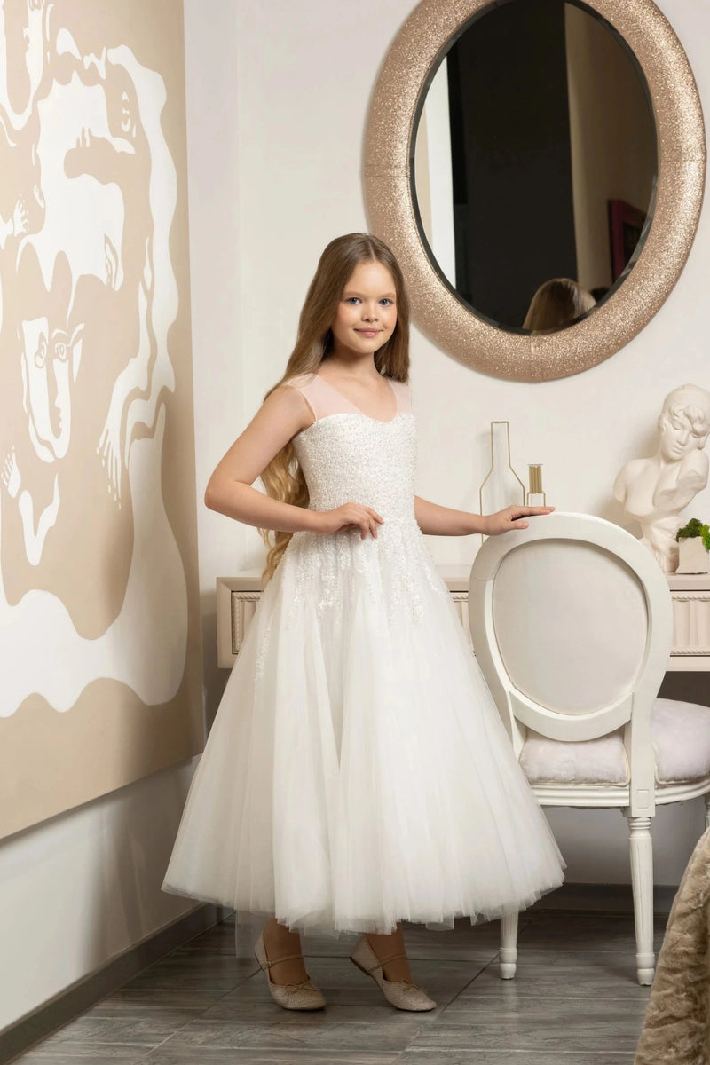 Tea Length Confirmation Dress for Teen Girls Preorder 9-10 / Ivory