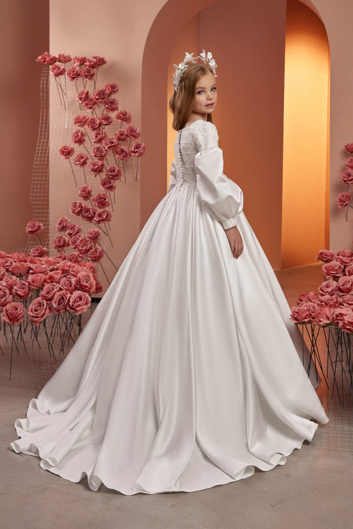 pretty princess communion dresses Puffed Sleeves Lace and Satin First Communion Dress Celestial 3302 Pre-order 2-3 years / As in the photo (Ivory)