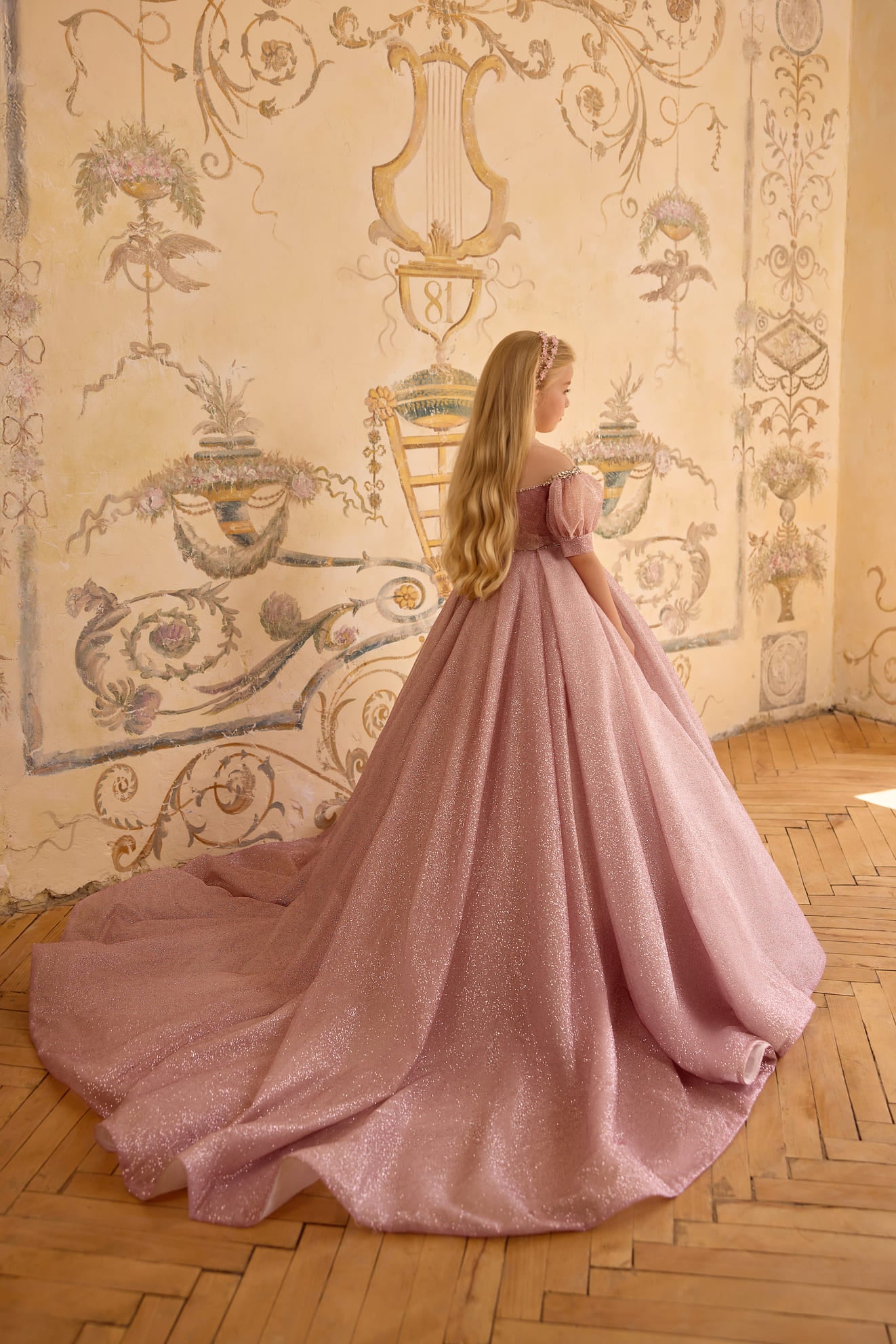 Back view of lilac glitter princess pageant gown with sweeping train - Mia Bambina Boutique