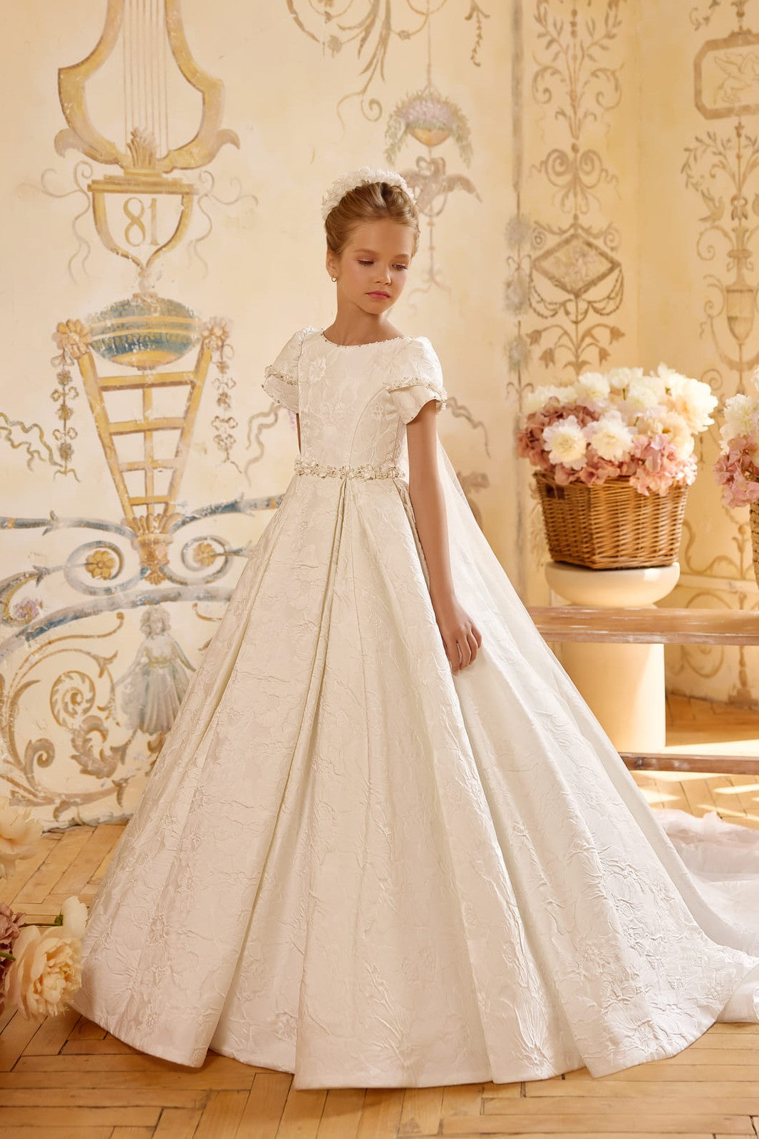 Angelique Pearl Communion Dress in ivory floral jacquard with cathedral train - Mia Bambina Boutique