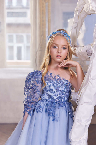 Asymmetric Neckline Pageant Dress with Royal Blue Lace by Mia Bambina Boutique