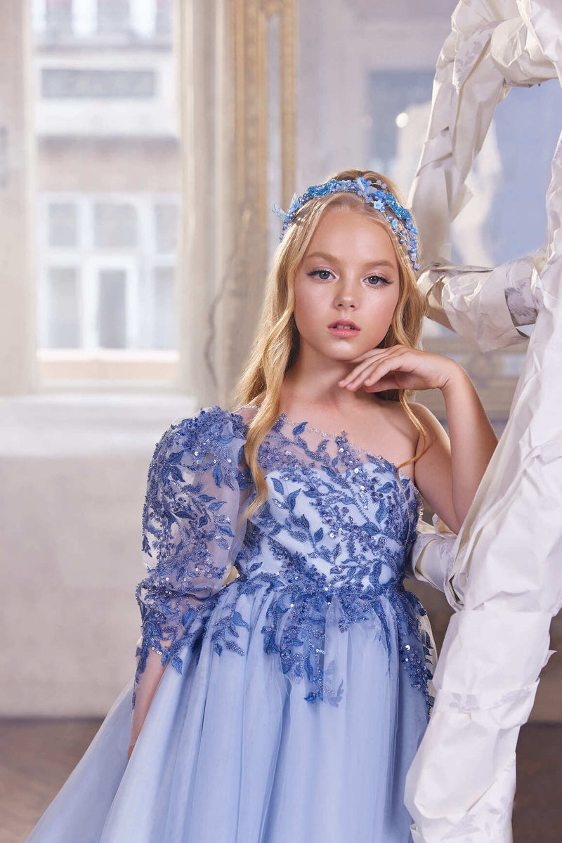Asymmetric Neckline Pageant Dress with Royal Blue Lace by Mia Bambina Boutique