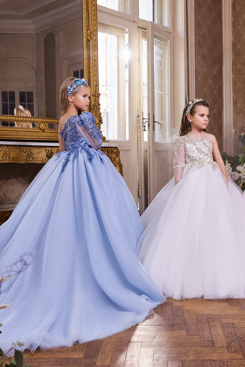 Asymmetric Neckline Pageant Dress with Royal Blue Lace by Mia Bambina Boutique