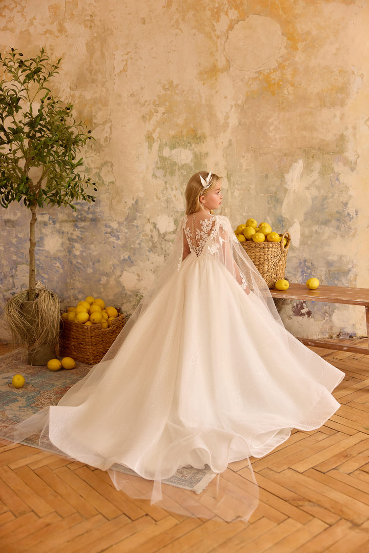 Aurelia Lace Cape Flower Girl Dress | Luxury Ivory Ball Gown