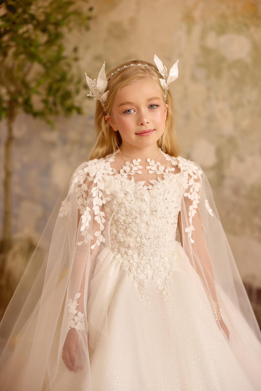 Aurelia Lace Cape Flower Girl Dress | Luxury Ivory Ball Gown