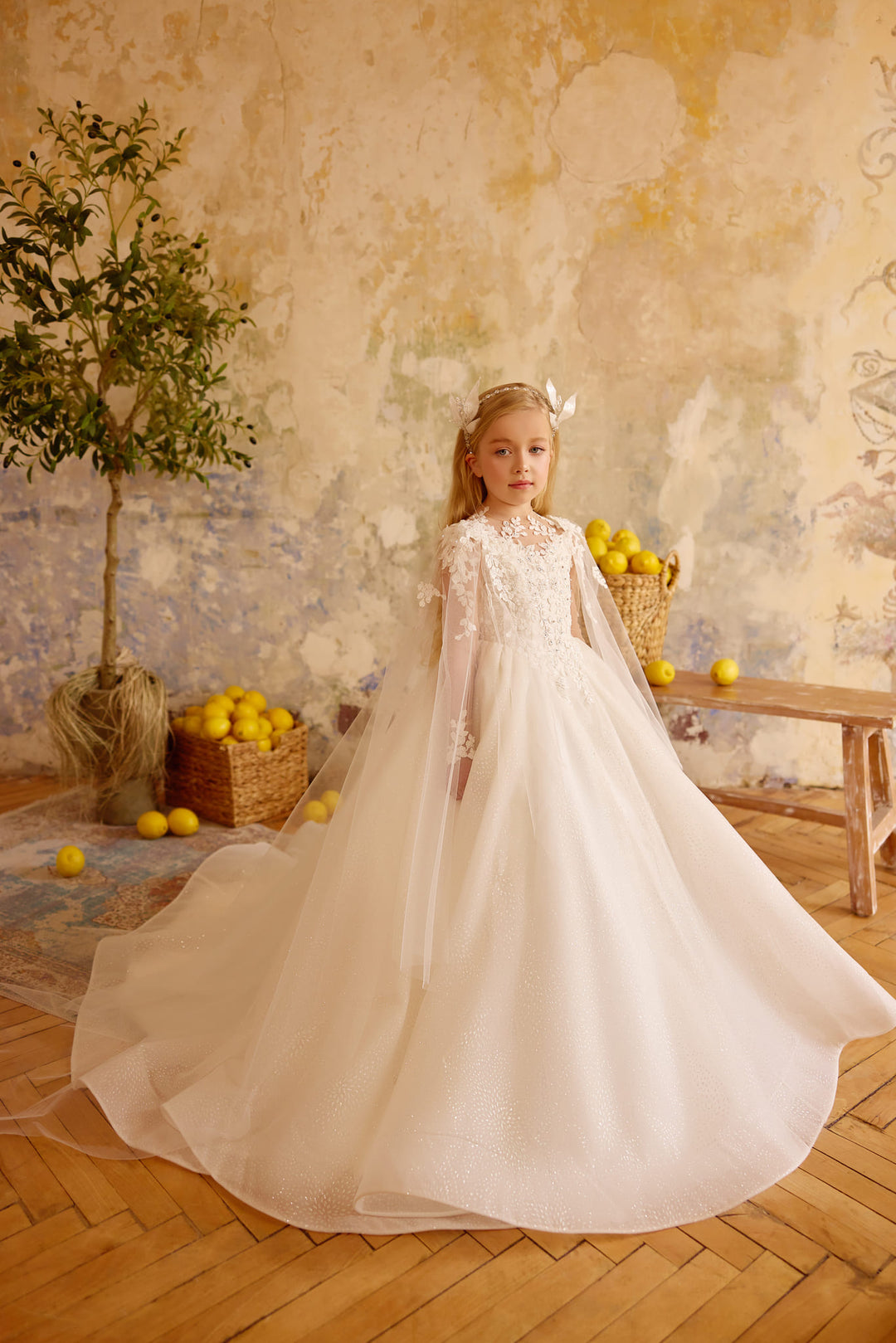 Aurelia Lace Cape Flower Girl Dress | Luxury Ivory Ball Gown