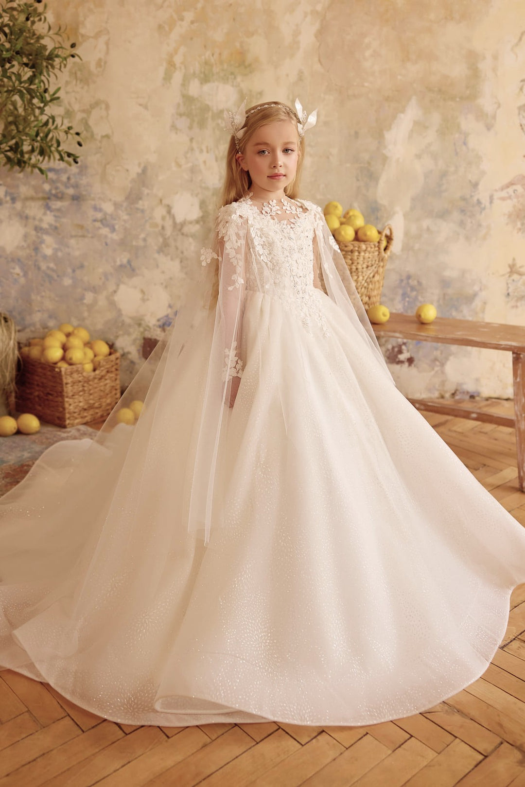 Aurelia Lace Cape Flower Girl Dress | Luxury Ivory Ball Gown