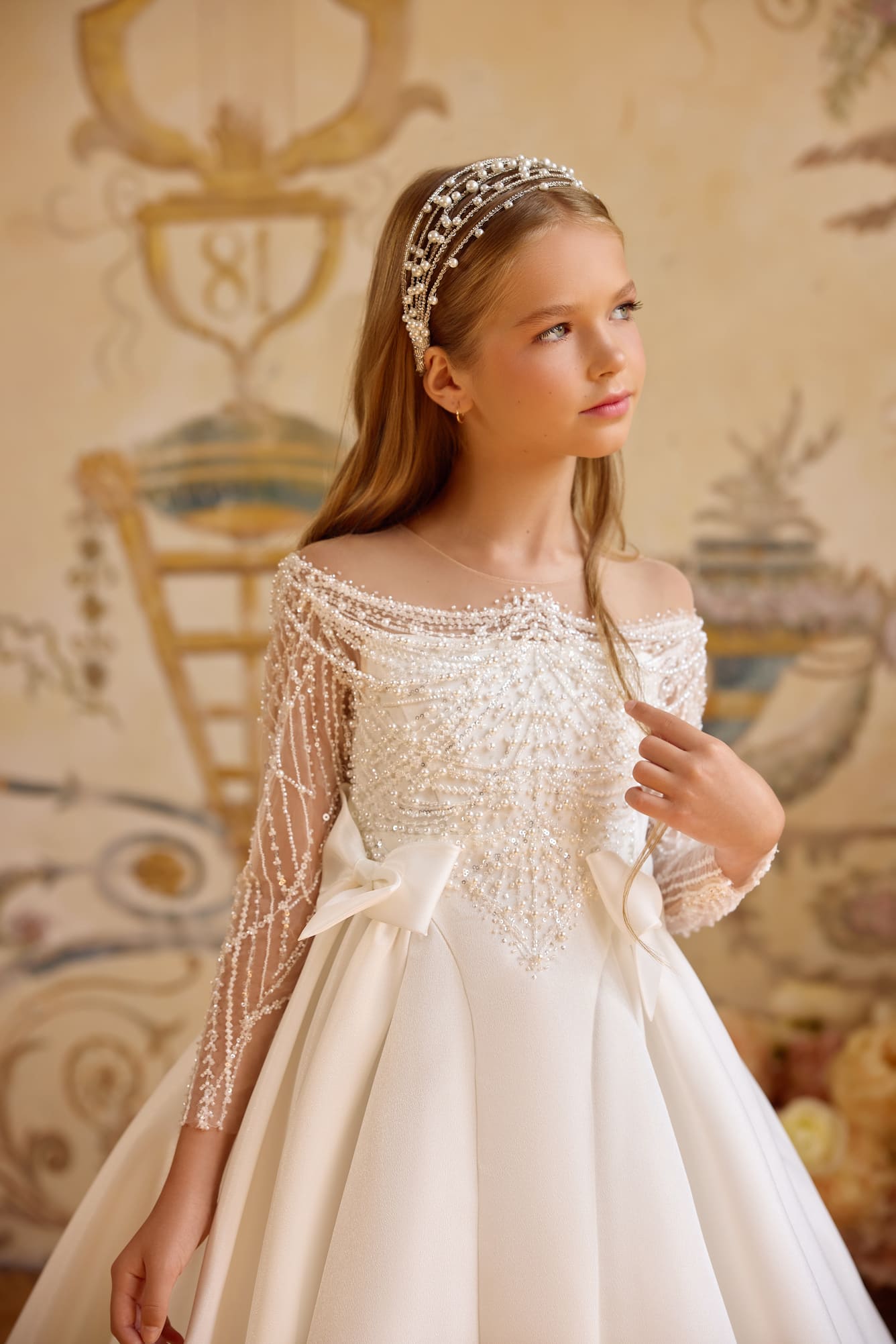 Designer First Communion gown with crystal beading and satin bow accents - Mia Bambina Boutique