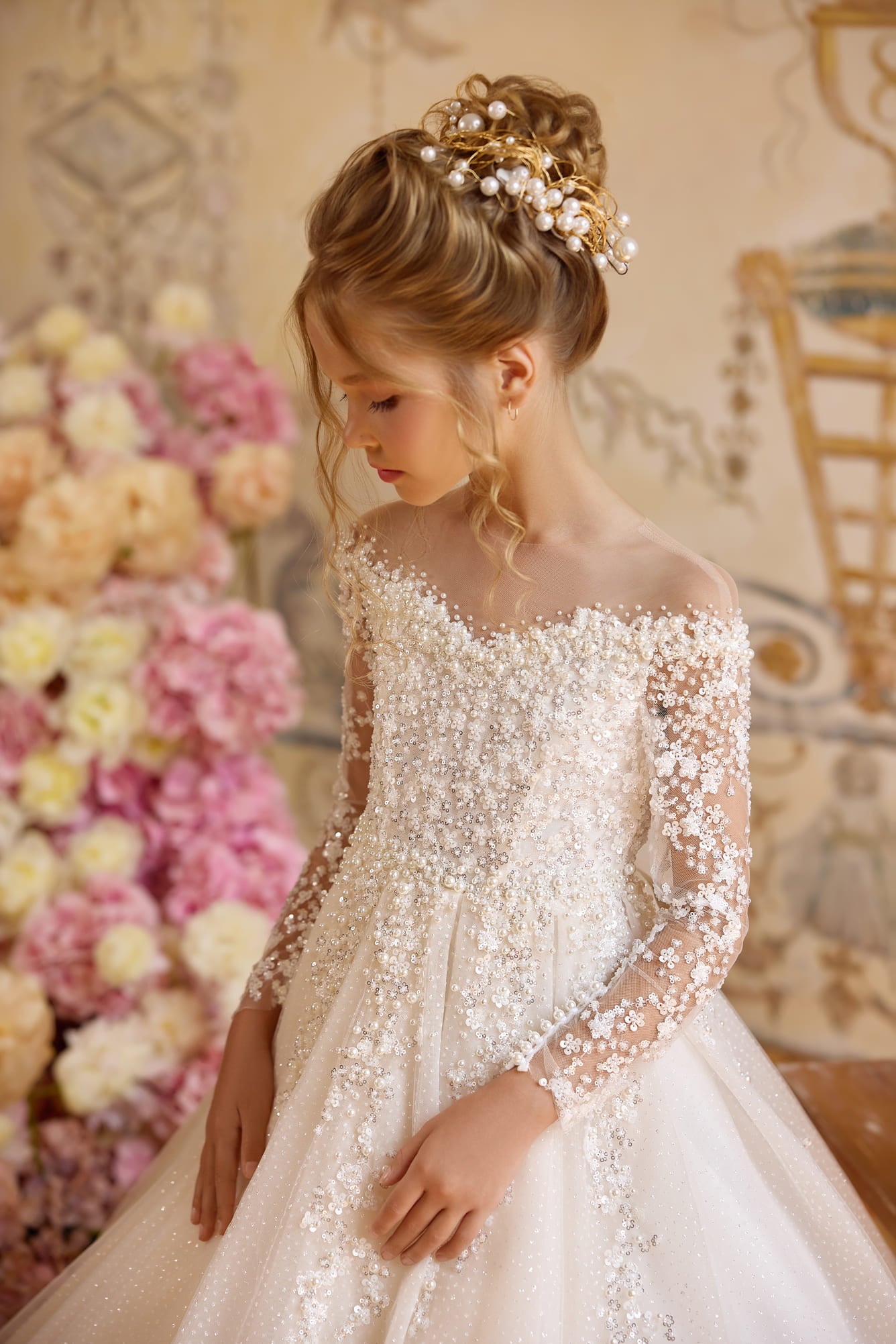 Elegant girls communion gown with sparkling pearl embellished bodice and princess silhouette - Mia Bambina Boutique