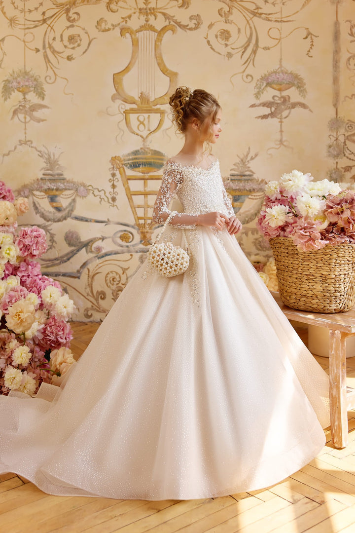 Luxury pearl beaded First Communion dress for girls with glitter tulle ball gown skirt and long illusion sleeves - Mia Bambina Boutique