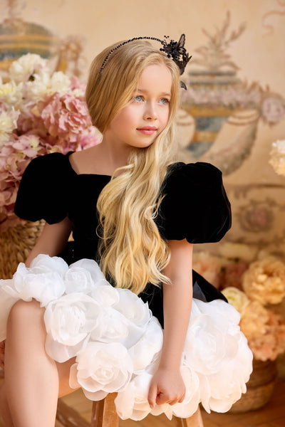 Black velvet couture dress with white 3D rose skirt for girls