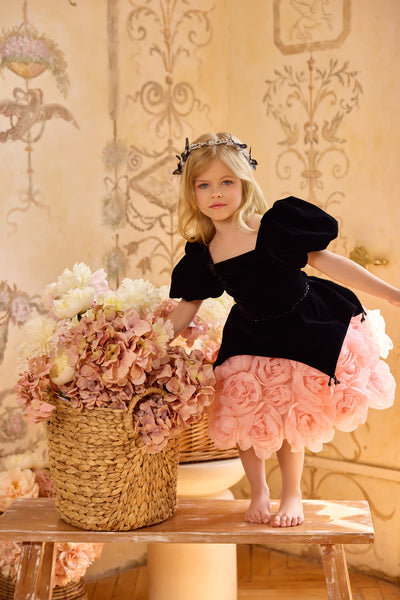 Black velvet dress with blush pink floral skirt for flower girls