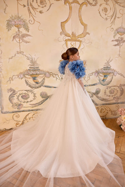 Back view of couture floral cape for flower girl gown