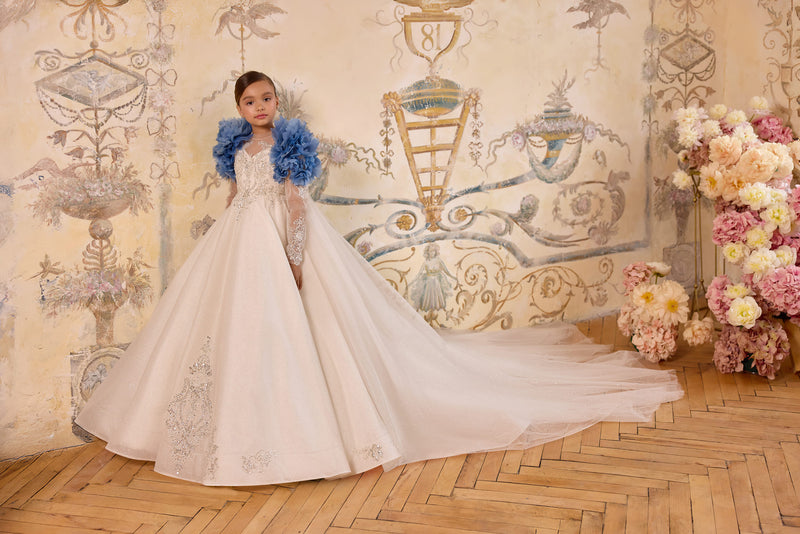 Full-length gown with detachable blue floral cape for weddings