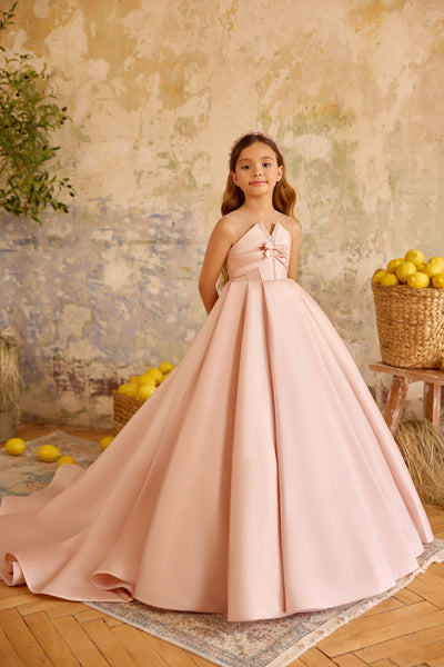 Blush pink flower girl ball gown with satin bow and crystal details