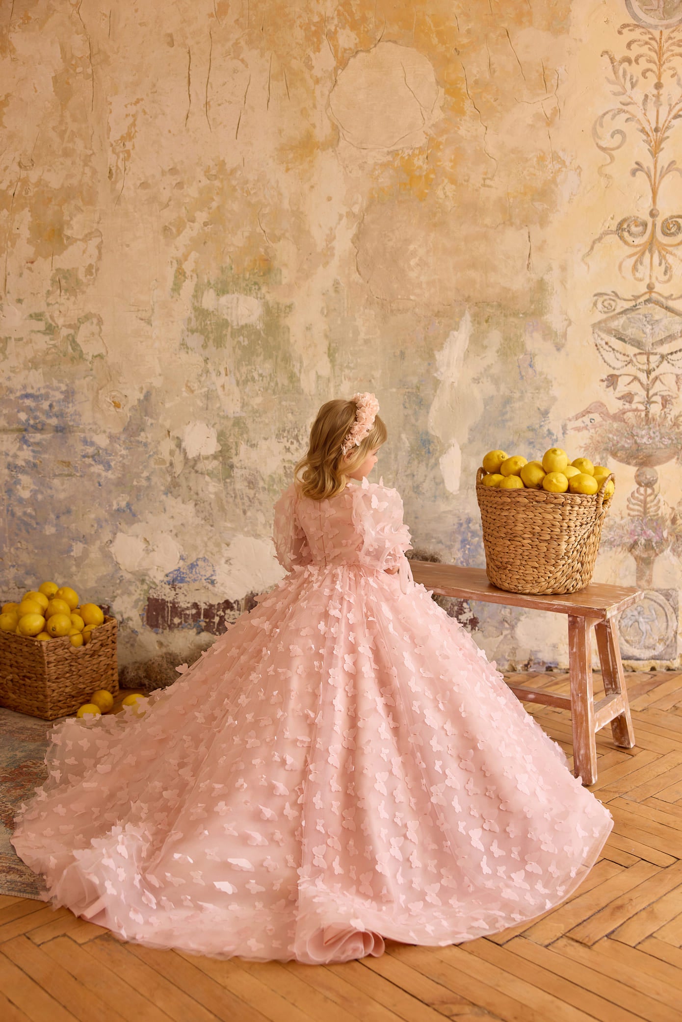 Back view of butterfly flower girl dress featuring full tulle skirt and butterfly appliqués - Mia Bambina Boutique