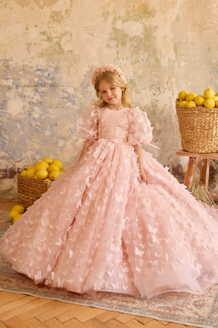 Butterfly Whisper flower girl dress in blush pink with 3D butterfly appliqués and puff sleeves - Mia Bambina Boutique