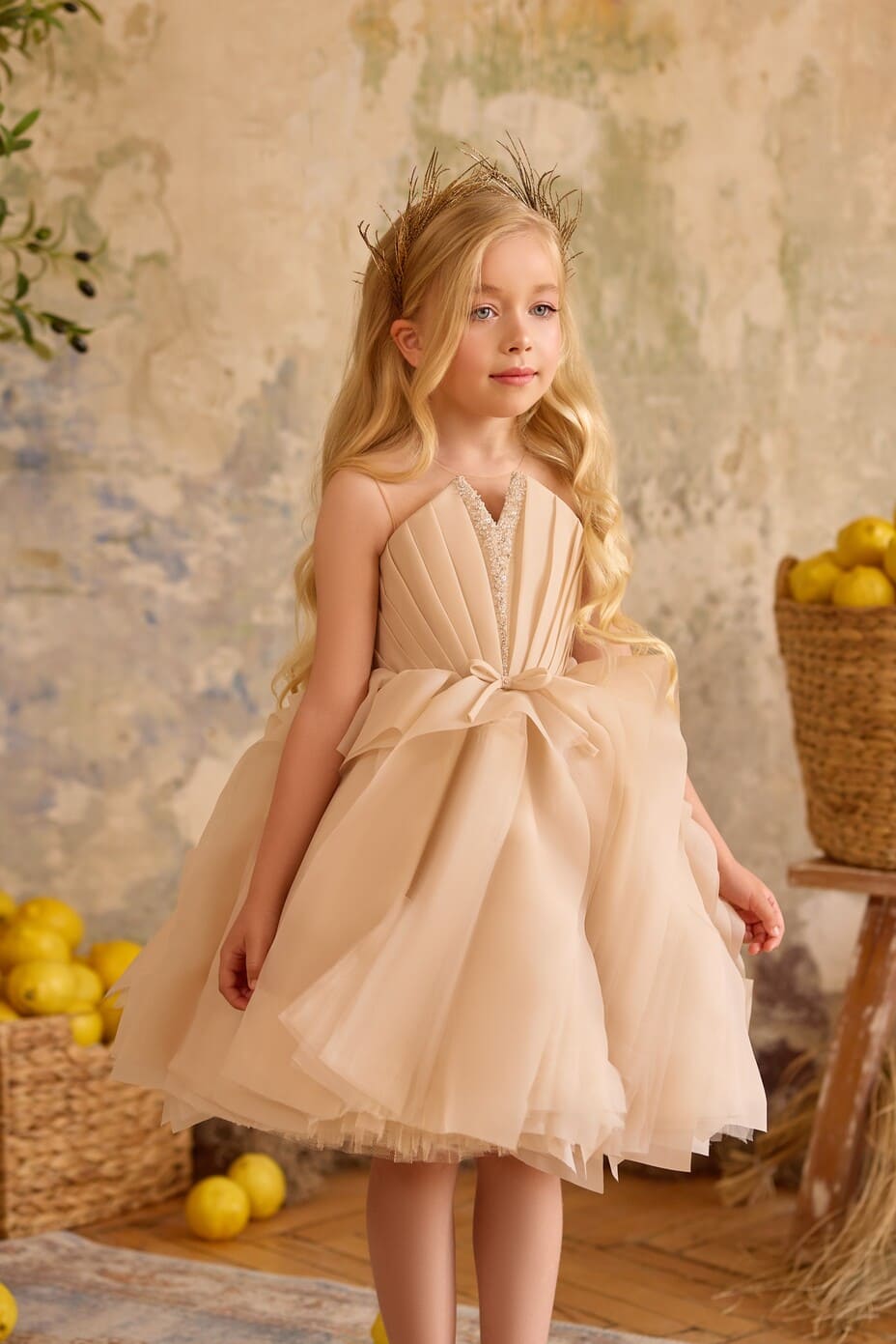 Champagne Flower Girl Dress with Bow