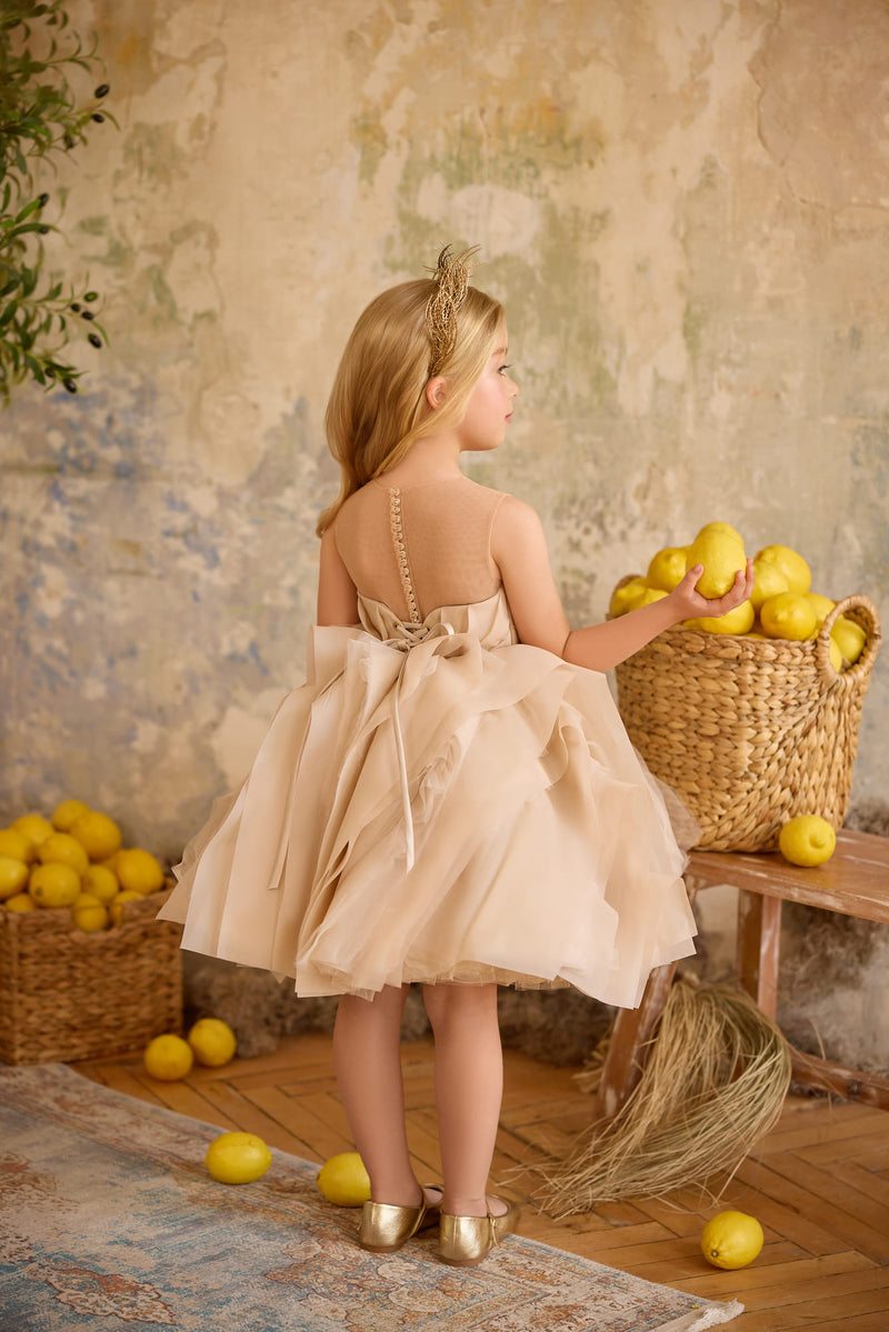 Back view of champagne dress with bow and layered tulle skirt